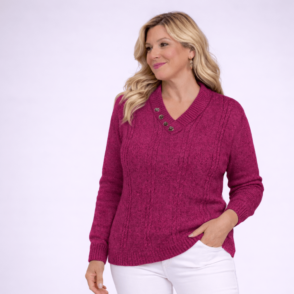 Fuchsia Cable Knit Sweater featuring a v-neck and button details.