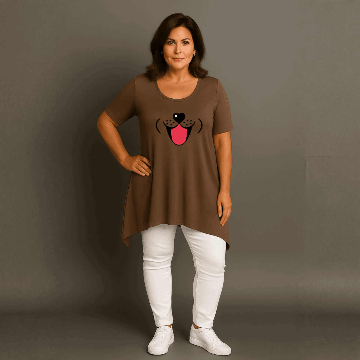 Fun Dog Face Long Length Hanky Hem Swing Top - FullFab