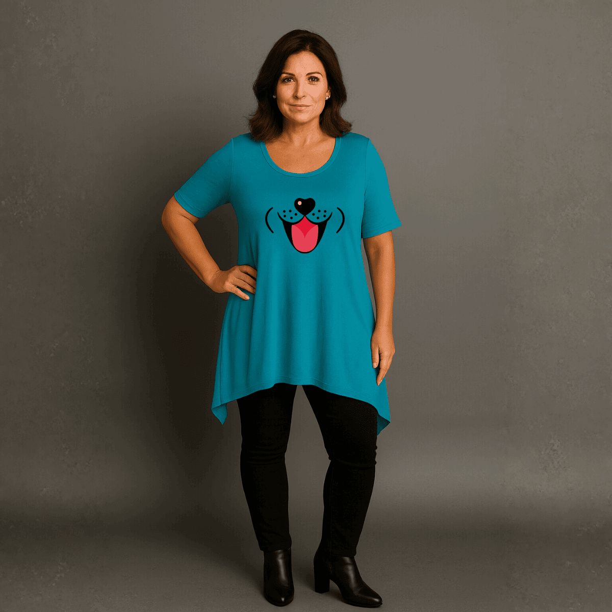 Fun Dog Face Long Length Hanky Hem Swing Top - FullFab