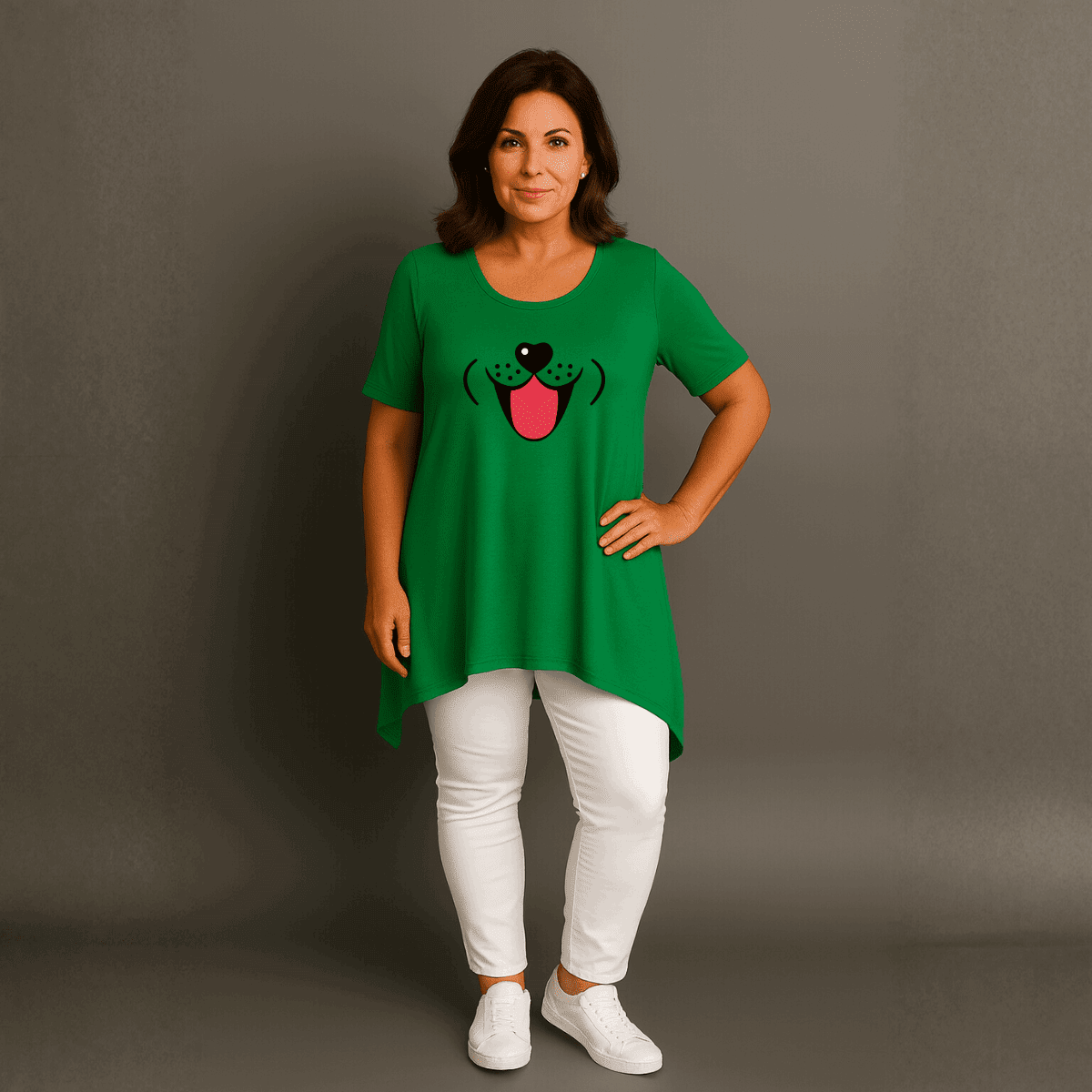 Fun Dog Face Long Length Hanky Hem Swing Top - FullFab