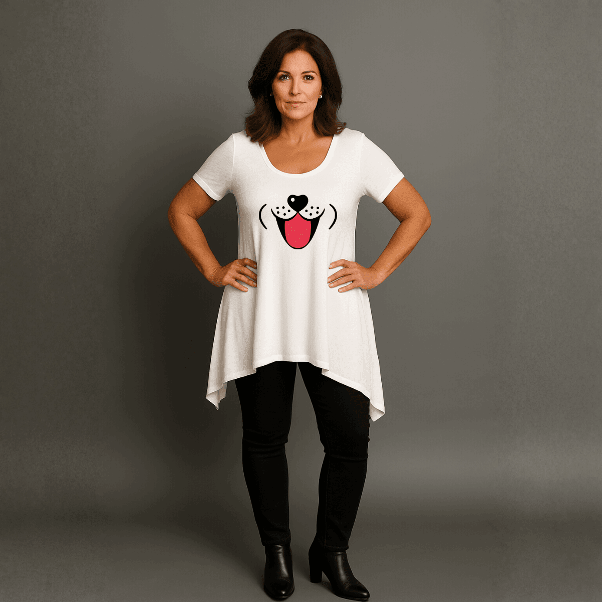 Fun Dog Face Long Length Hanky Hem Swing Top - FullFab