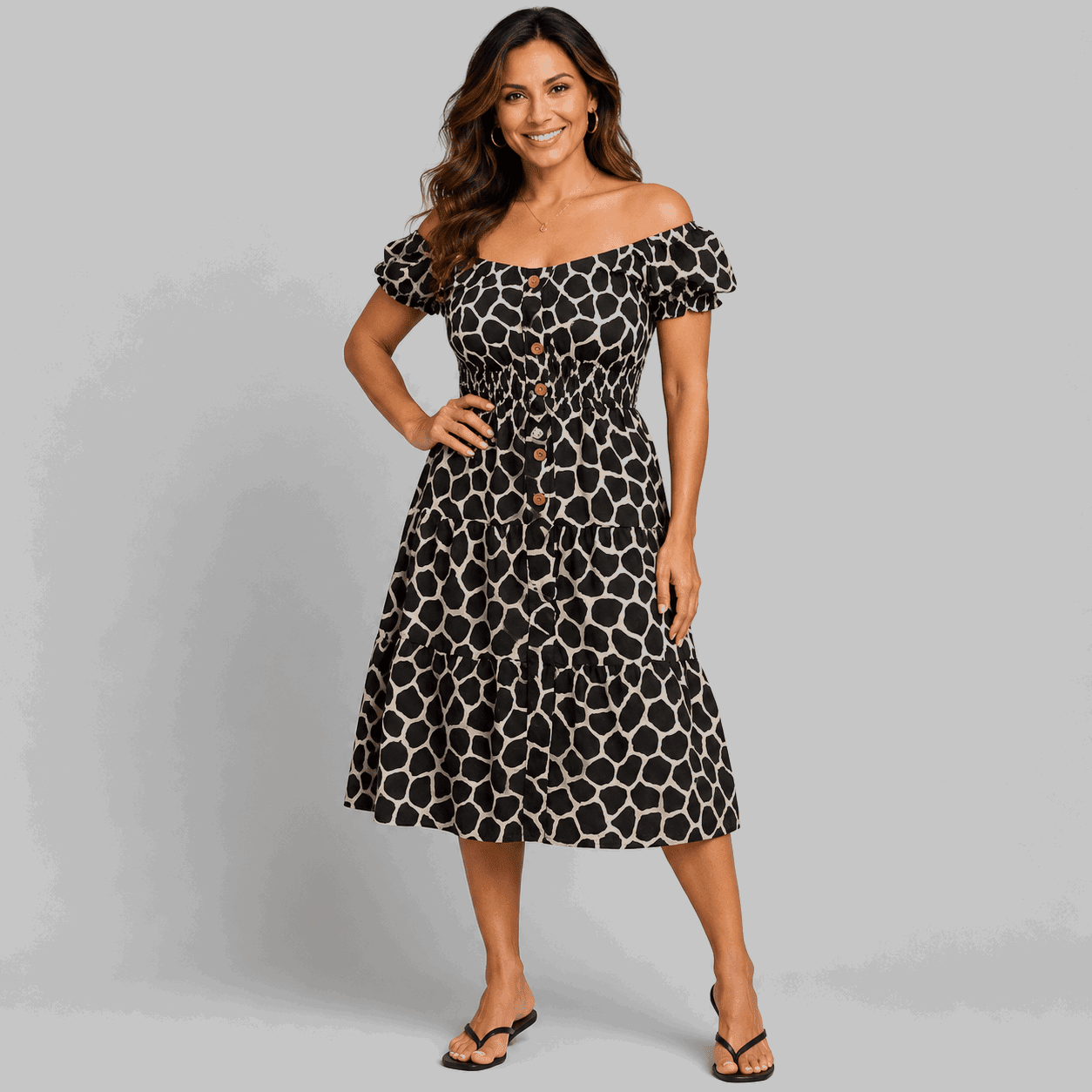 Giraffe print Off Shoulder Animal Print Frilled Gypsy Dress - FullFab