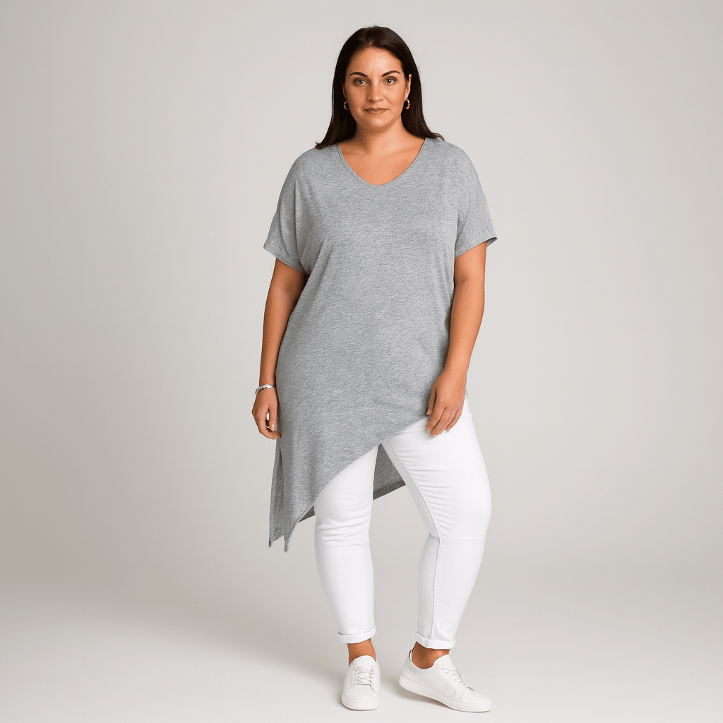 Short Sleeve Long Length Asymmetrical Hem Top - FullFab