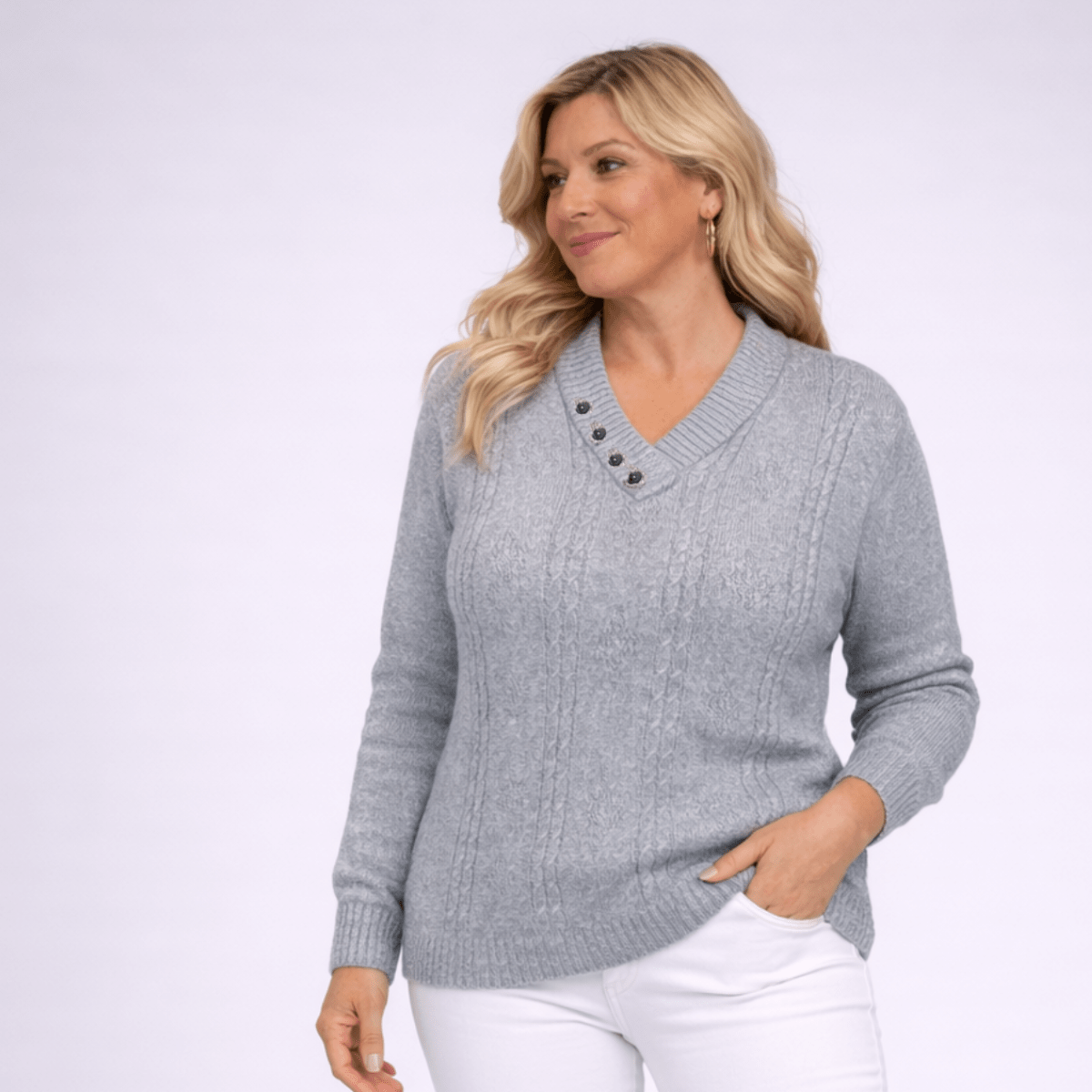 Gray Cable Knit Sweater featuring a v-neck and button details for a stylish look.