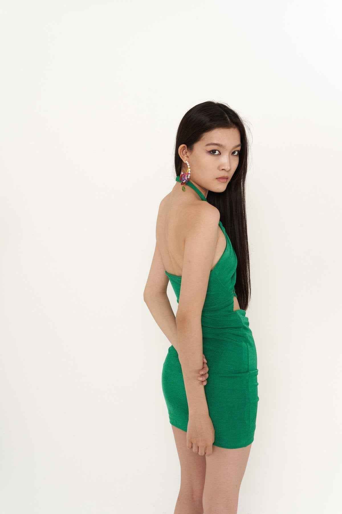 Viola Green Gathered Mini Bodycon Dress