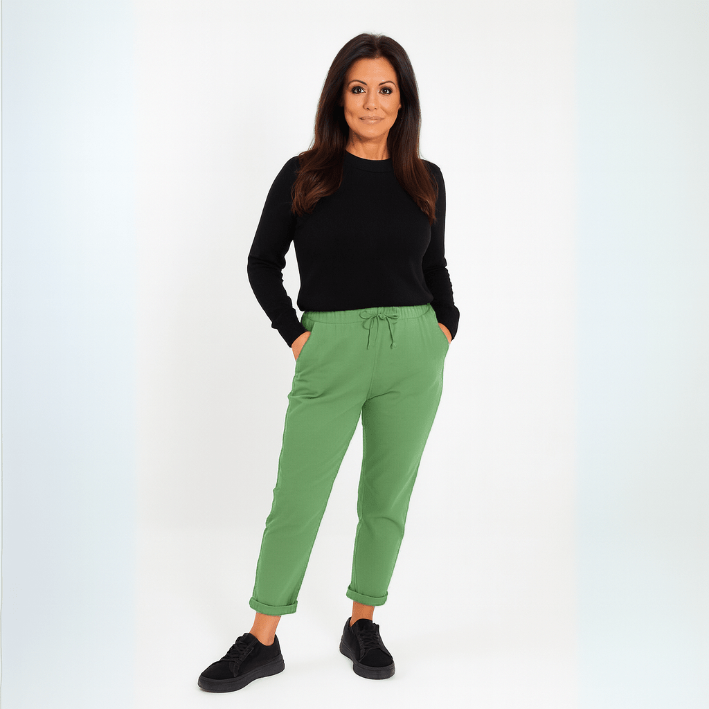 Green Jogger Pants featuring a comfortable fit and side pockets.