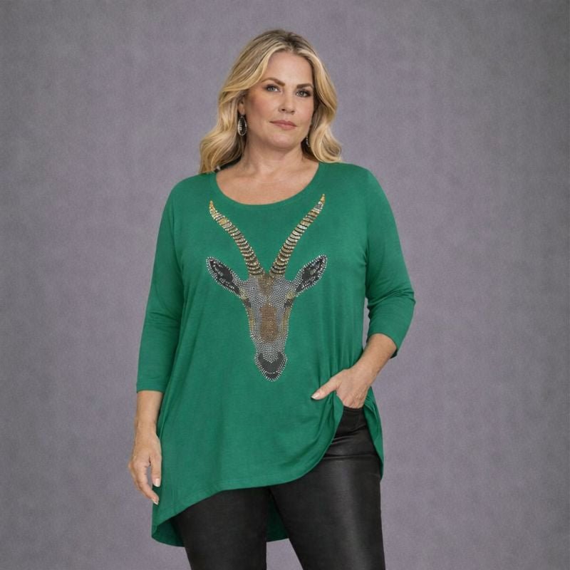 Green Plus Size Top featuring a stylish goat graphic design and three-quarter sleeves.