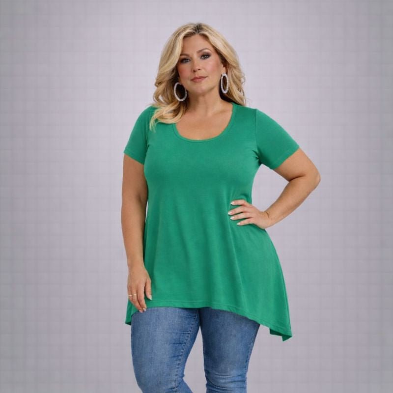Plain Short Sleeve Hanky Hem Swing Top - FullFab