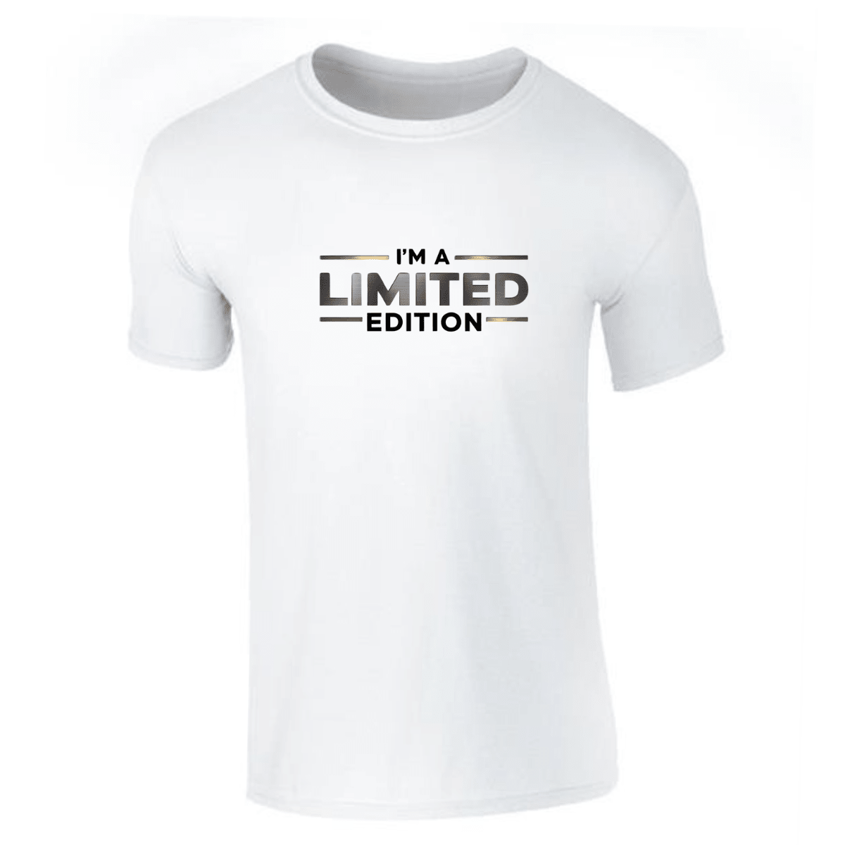 I'm a Limited Edition white t-shirt featuring bold black and gold text.