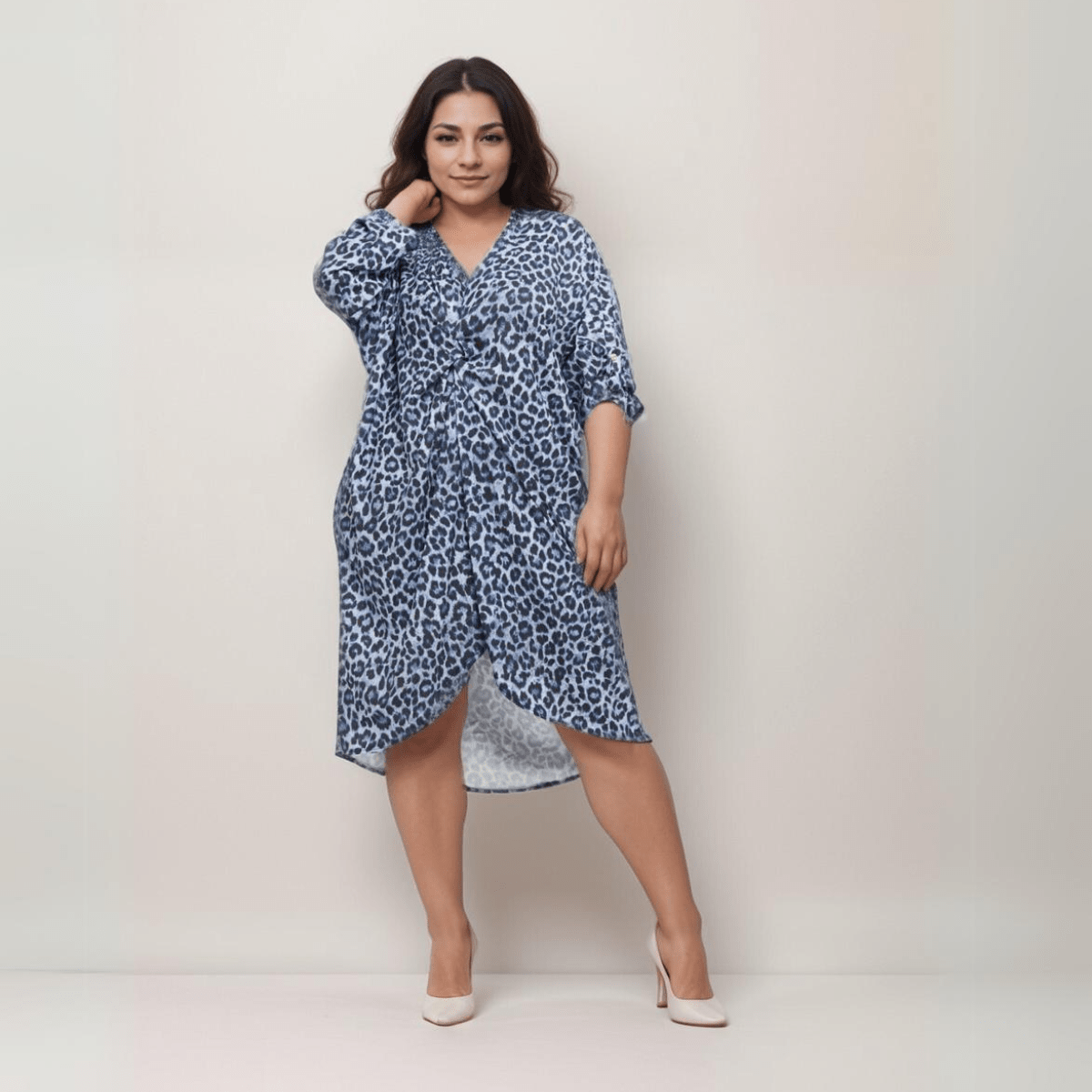 Leopard Print Loose Fitting V-Neck Knot Front Dress - FullFab