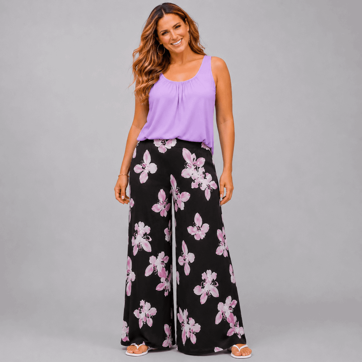 Lily Print Wide Leg Elastic Waist Palazzo Trousers - FullFab