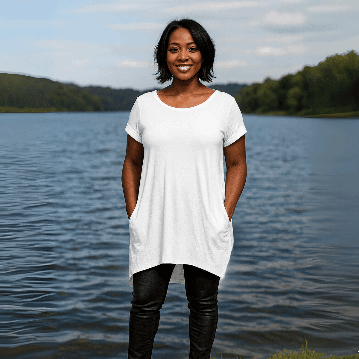 Long Be Kind Dipped-Hem T-Shirt with Side Pockets - FullFab
