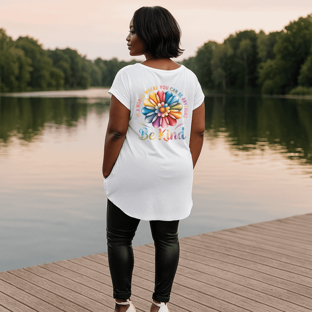 Long Be Kind Dipped-Hem T-Shirt with Side Pockets - FullFab