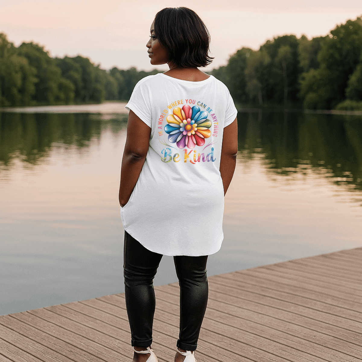 Long Be Kind Dipped-Hem T-Shirt with Side Pockets - FullFab