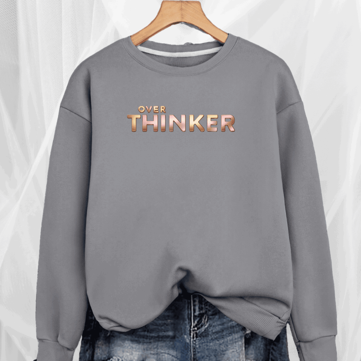 Long Cotton Sweatshirt with “Over Thinker” Logo - FullFab