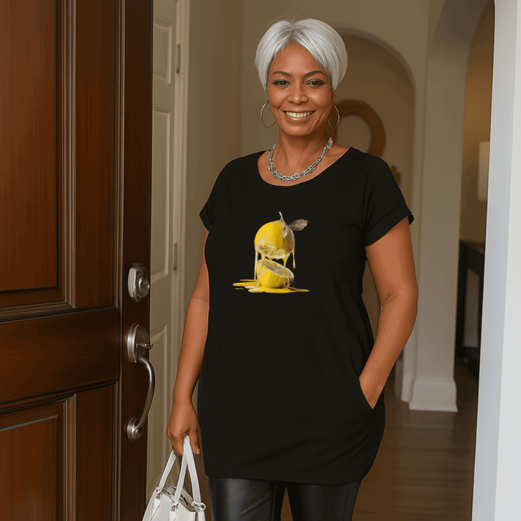 Long Lemon Print Dipped-Hem T-Shirt with Side Pockets - FullFab