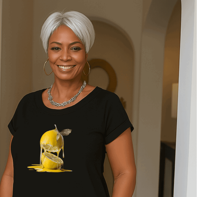 Long Lemon Print Dipped-Hem T-Shirt with Side Pockets - FullFab