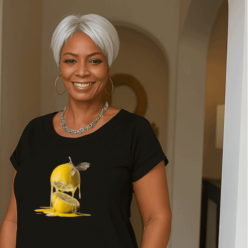 Long Lemon Print Dipped-Hem T-Shirt with Side Pockets - FullFab