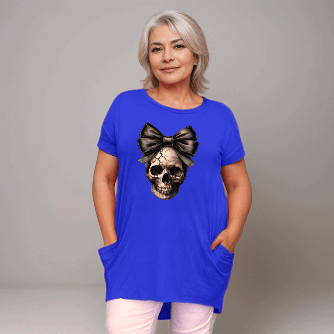 Long Skull with Bow T-Shirt with Side Pockets - FullFab