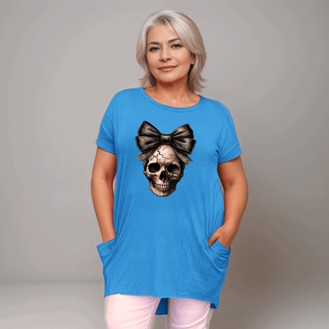 Long Skull with Bow T-Shirt with Side Pockets - FullFab