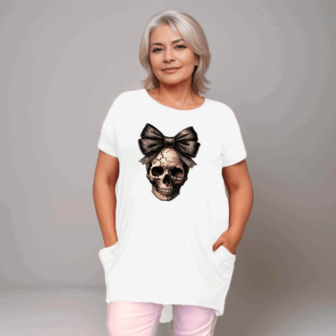 Long Skull with Bow T-Shirt with Side Pockets - FullFab