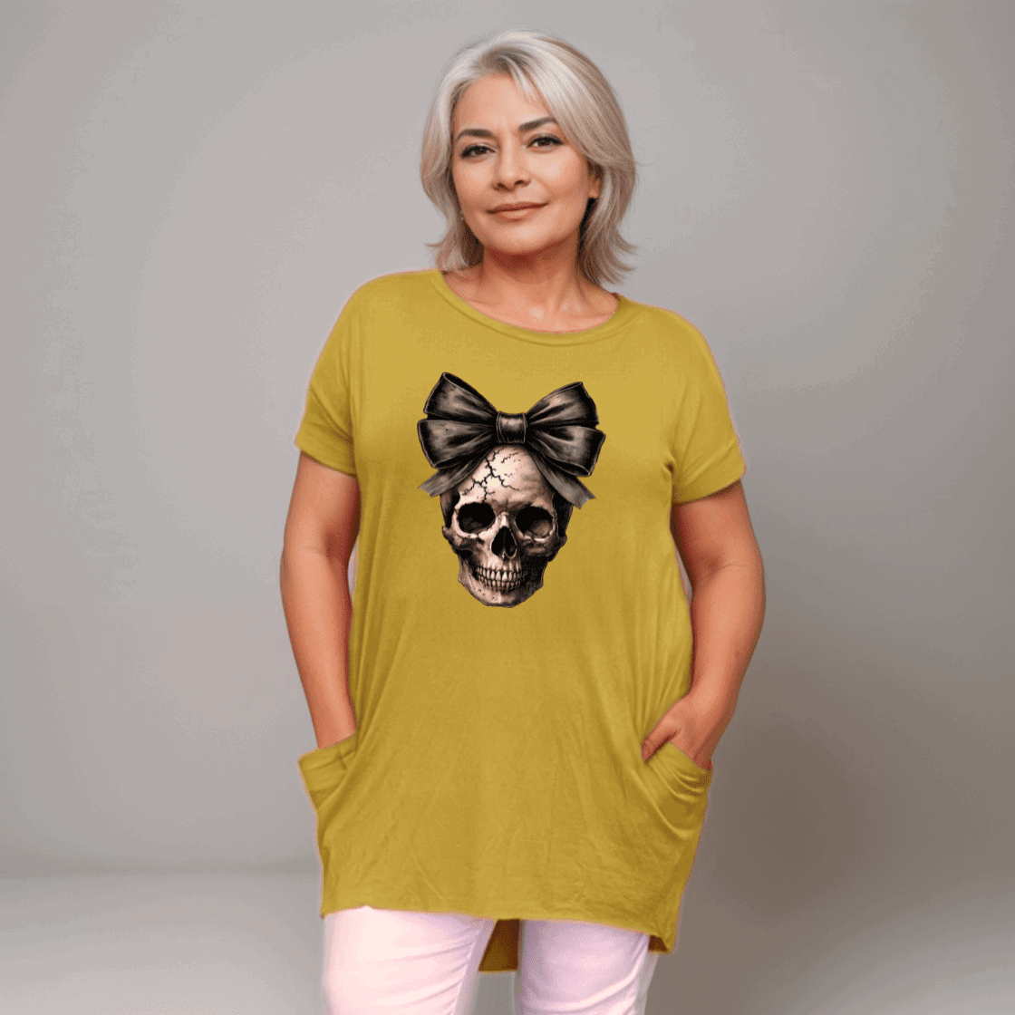 Long Skull with Bow T-Shirt with Side Pockets - FullFab