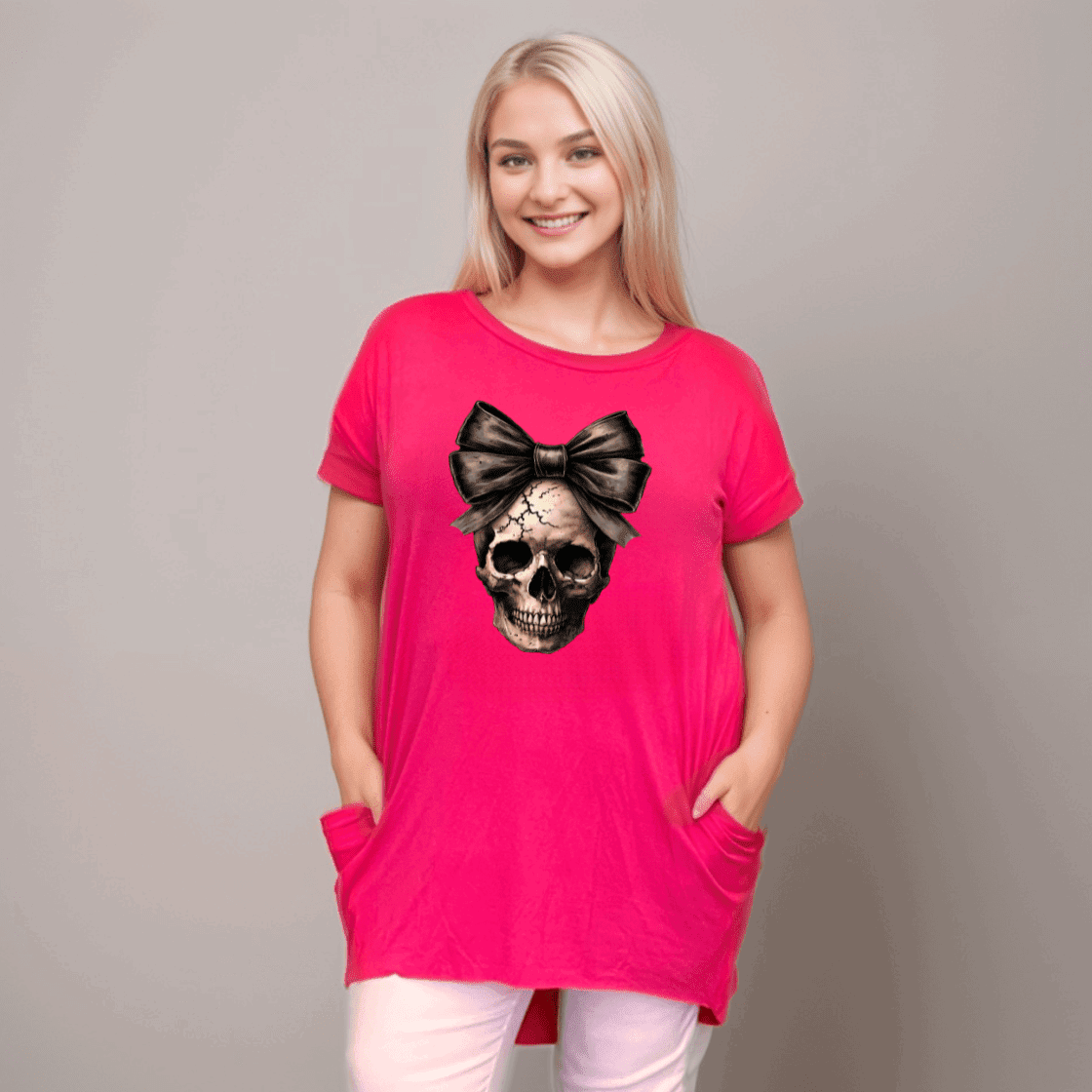 Long Skull with Bow T-Shirt with Side Pockets - FullFab