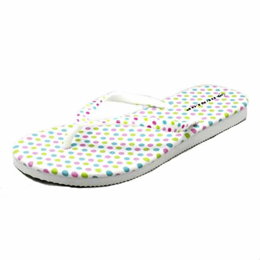Colorful Polka Dot Flip Flop featuring a white base with vibrant dots in pink, green, and blue.
