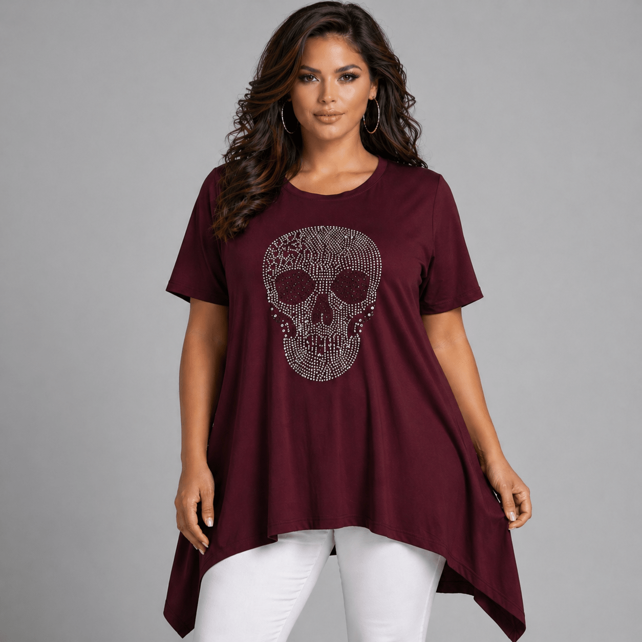 Burgundy Skull Graphic Tunic featuring a stylish skull design and a relaxed fit.