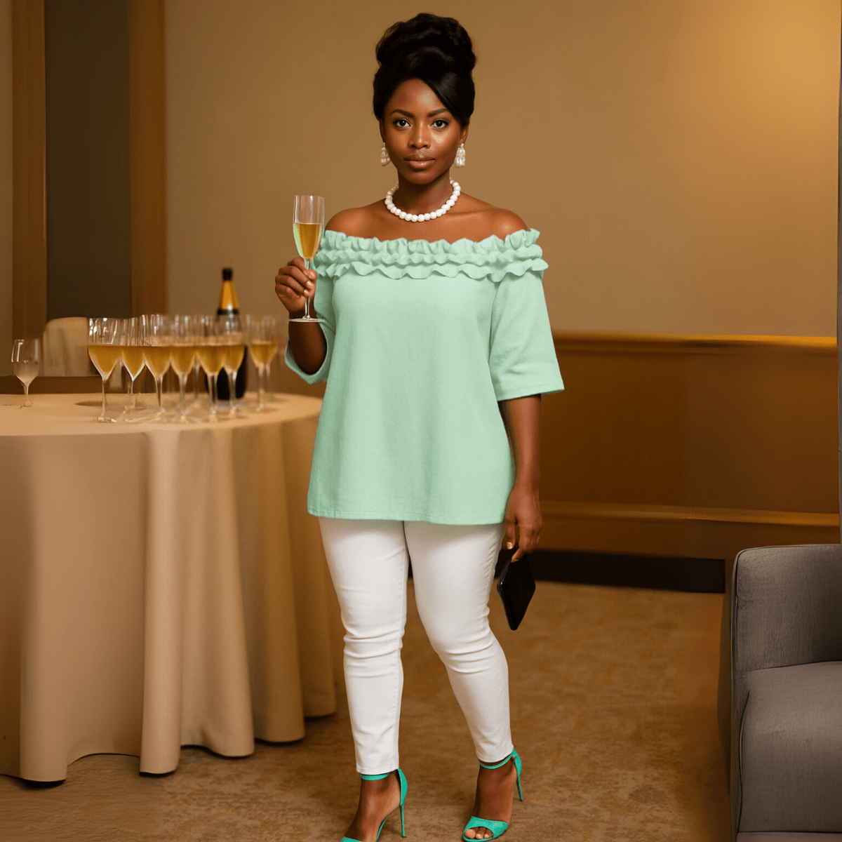 Ruffled Neckline Off Shoulder Blouse - FullFab