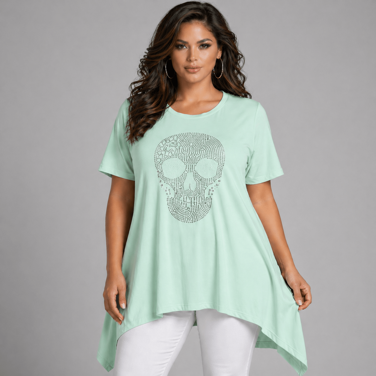 Mint green skull graphic tunic featuring a stylish asymmetrical hem.