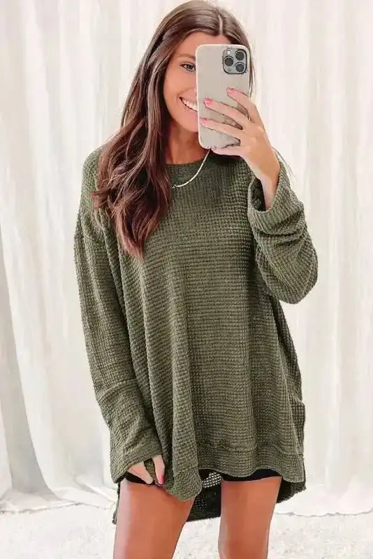 Moss Green Textured Knit Top | Plus Size Long Sleeve - FullFab