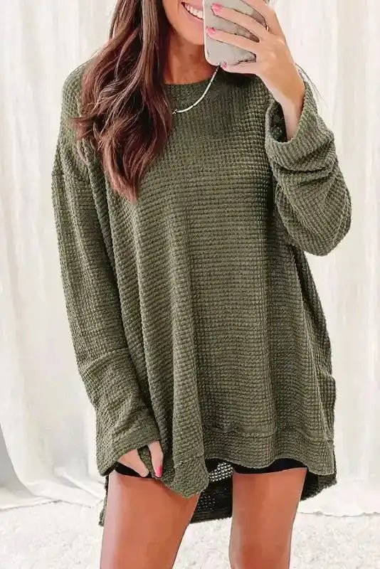Moss Green Textured Knit Top | Plus Size Long Sleeve - FullFab