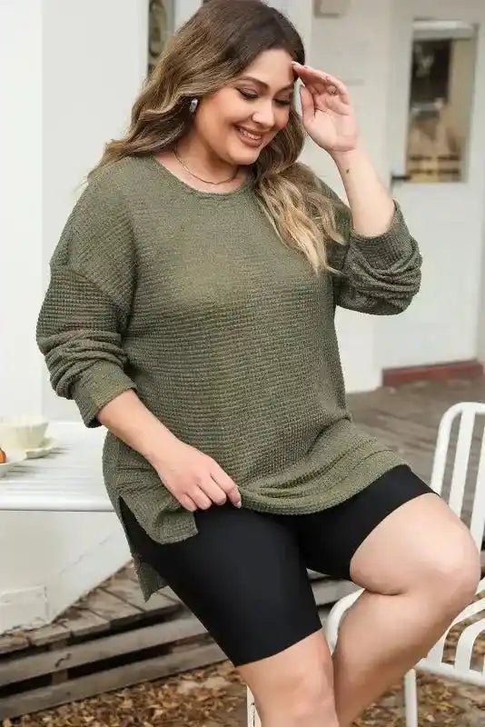 Moss Green Textured Knit Top | Plus Size Long Sleeve - FullFab