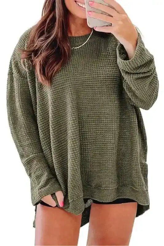 Moss Green Textured Knit Top | Plus Size Long Sleeve - FullFab