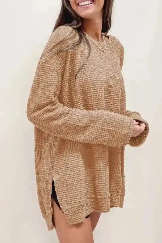Moss Green Textured Knit Top | Plus Size Long Sleeve - FullFab