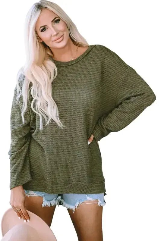 Moss Green Textured Knit Top | Plus Size Long Sleeve - FullFab