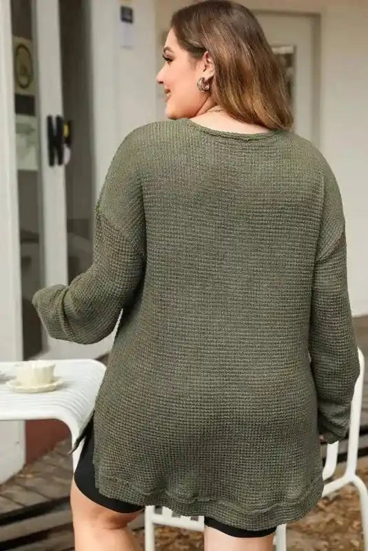 Moss Green Textured Knit Top | Plus Size Long Sleeve - FullFab