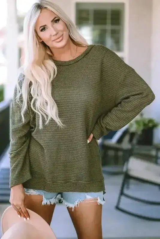 Moss Green Textured Knit Top | Plus Size Long Sleeve - FullFab
