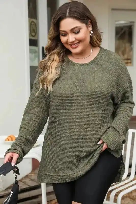 Moss Green Textured Knit Top | Plus Size Long Sleeve - FullFab