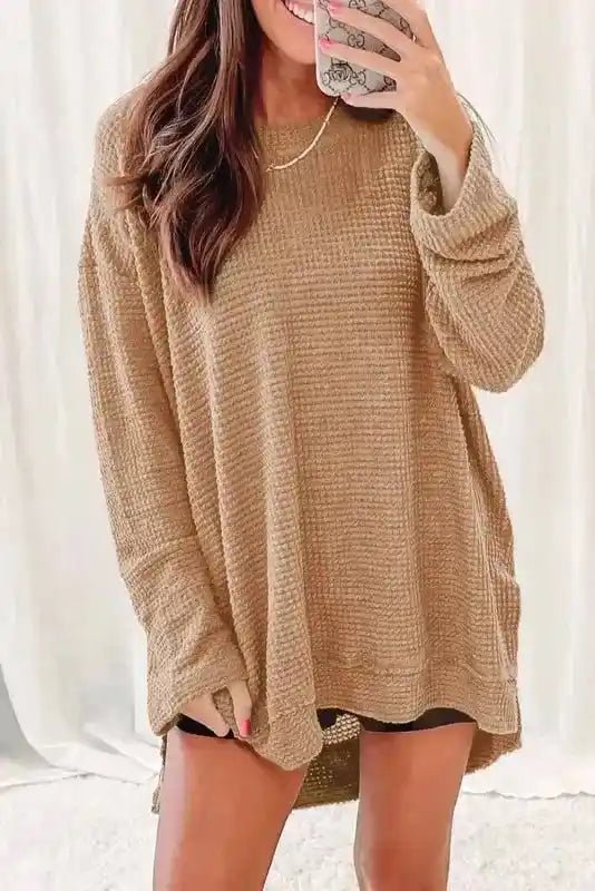 Moss Green Textured Knit Top | Plus Size Long Sleeve - FullFab