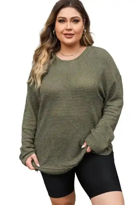 Moss Green Textured Knit Top | Plus Size Long Sleeve - FullFab