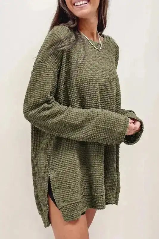 Moss Green Textured Knit Top | Plus Size Long Sleeve - FullFab