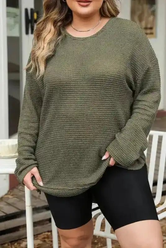 Moss Green Textured Knit Top | Plus Size Long Sleeve - FullFab