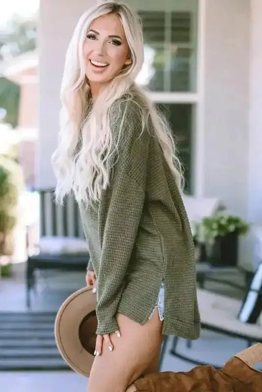 Moss Green Textured Knit Top | Plus Size Long Sleeve - FullFab