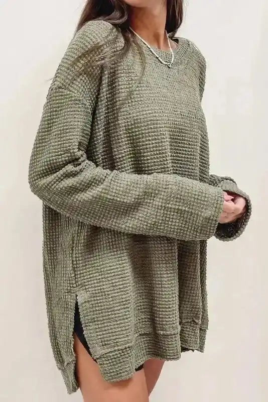 Moss Green Textured Knit Top | Plus Size Long Sleeve - FullFab