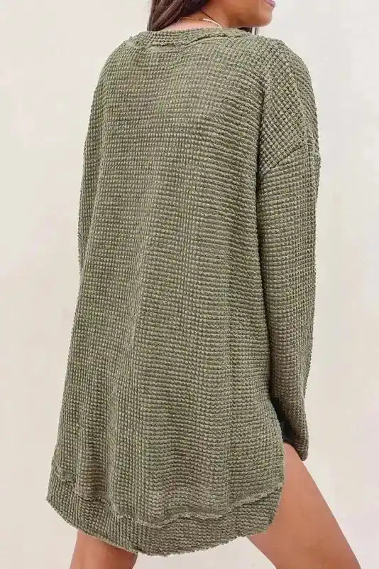 Moss Green Textured Knit Top | Plus Size Long Sleeve - FullFab
