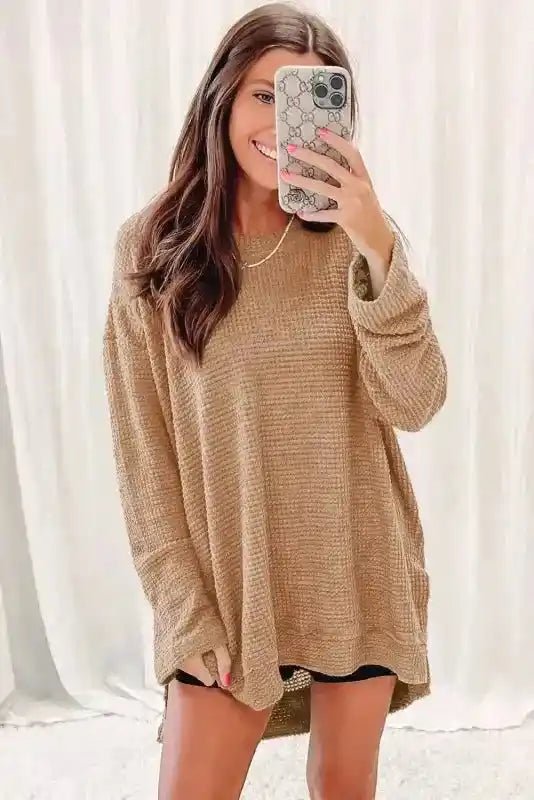 Moss Green Textured Knit Top | Plus Size Long Sleeve - FullFab