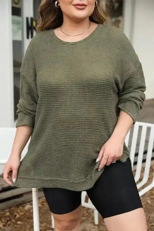 Moss Green Textured Knit Top | Plus Size Long Sleeve - FullFab