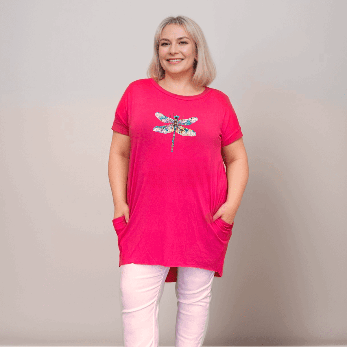 MULTI DRAGONFLY DIPPED HEM T-SHIRT WITH POCKETS - FullFab